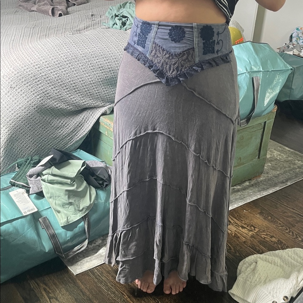 Free People Grayish Blue Boho Tiered Maxi Skirt with Embroidered Waist, XS